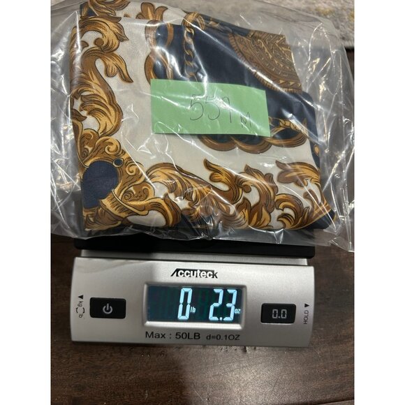 Vintage Inspired Navy Gold Baroque Print Polyester Square Scarf 35 Inches - Picture 8 of 8